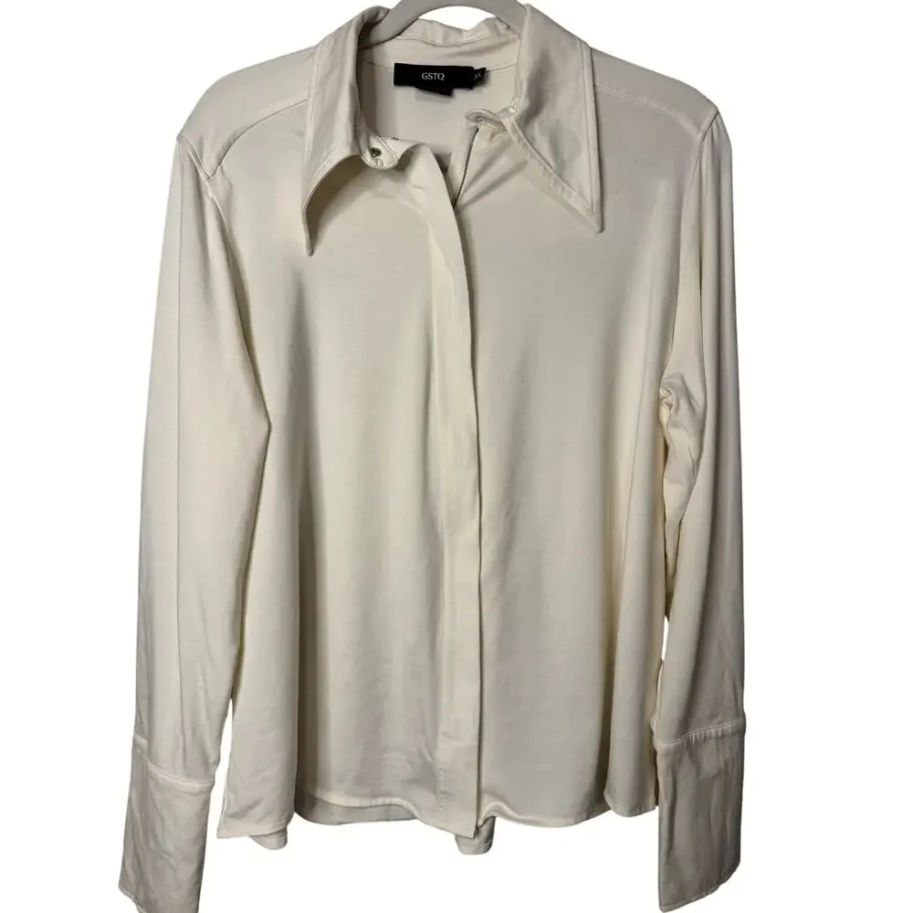 GSTQ Women's Snow White Front Zip Collared, Color Cream Shirt XL New With Tags